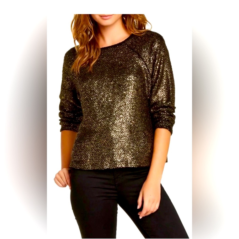 Alice + Olivia Metallic Gold Black Buckle Wool Blend Tweed Boxy Sweater Size M